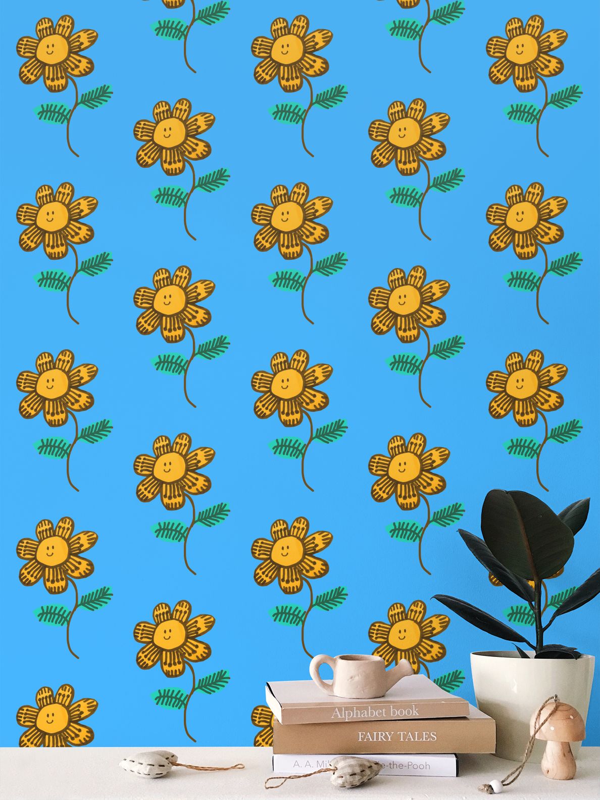 Yellow happy flower Repeat Pattern Wallpaper