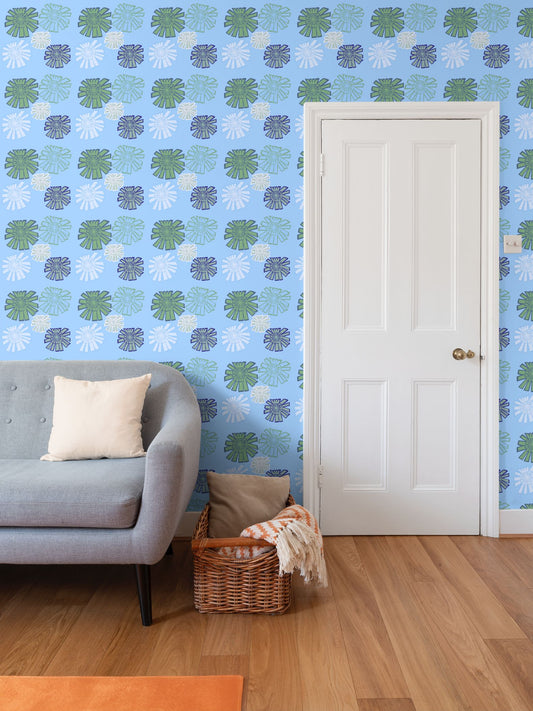 Blue vintage Flowers Repeat Pattern Wallpaper