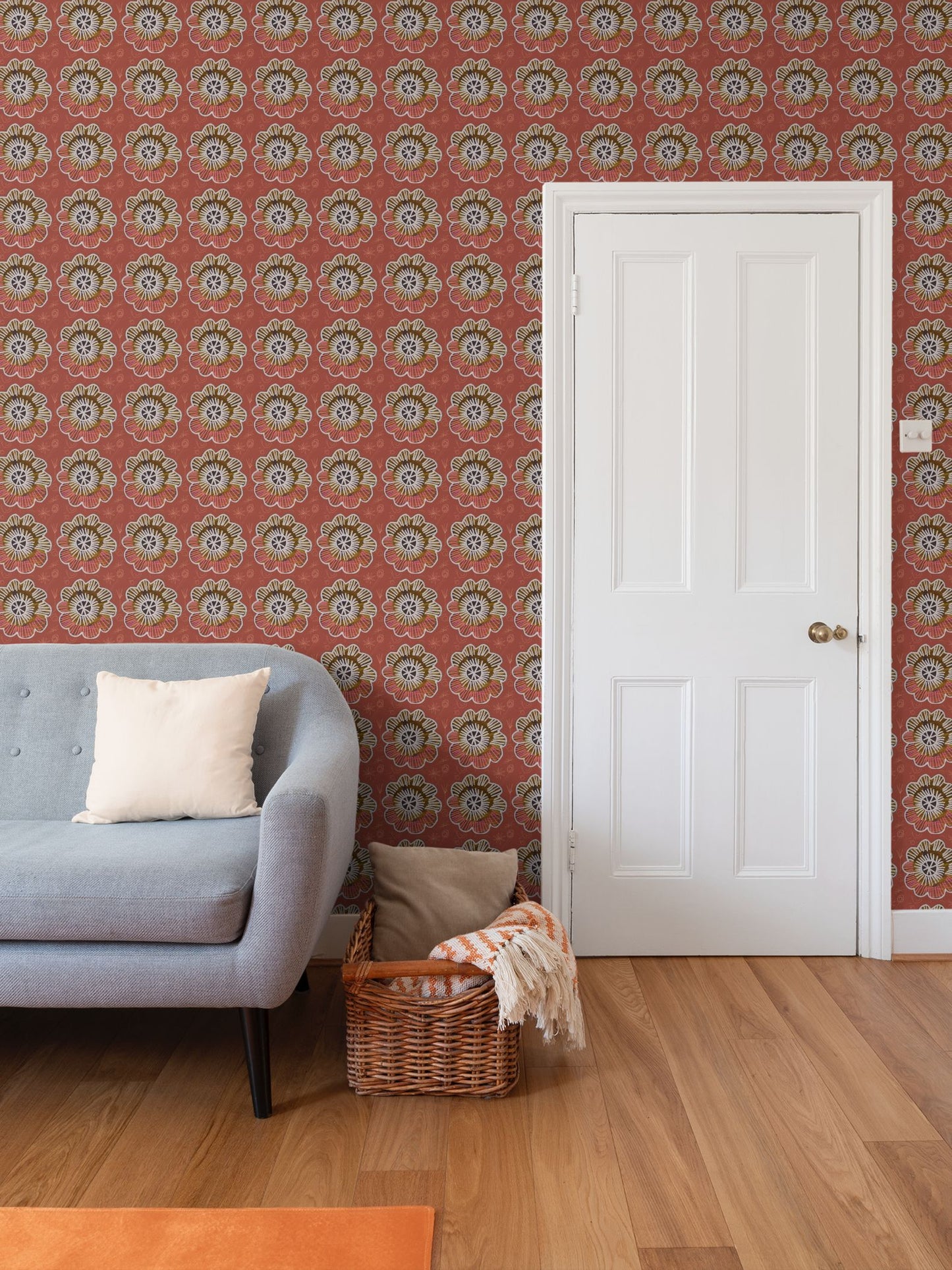 Chalk Flowers terracotta Repeat Pattern Wallpaper