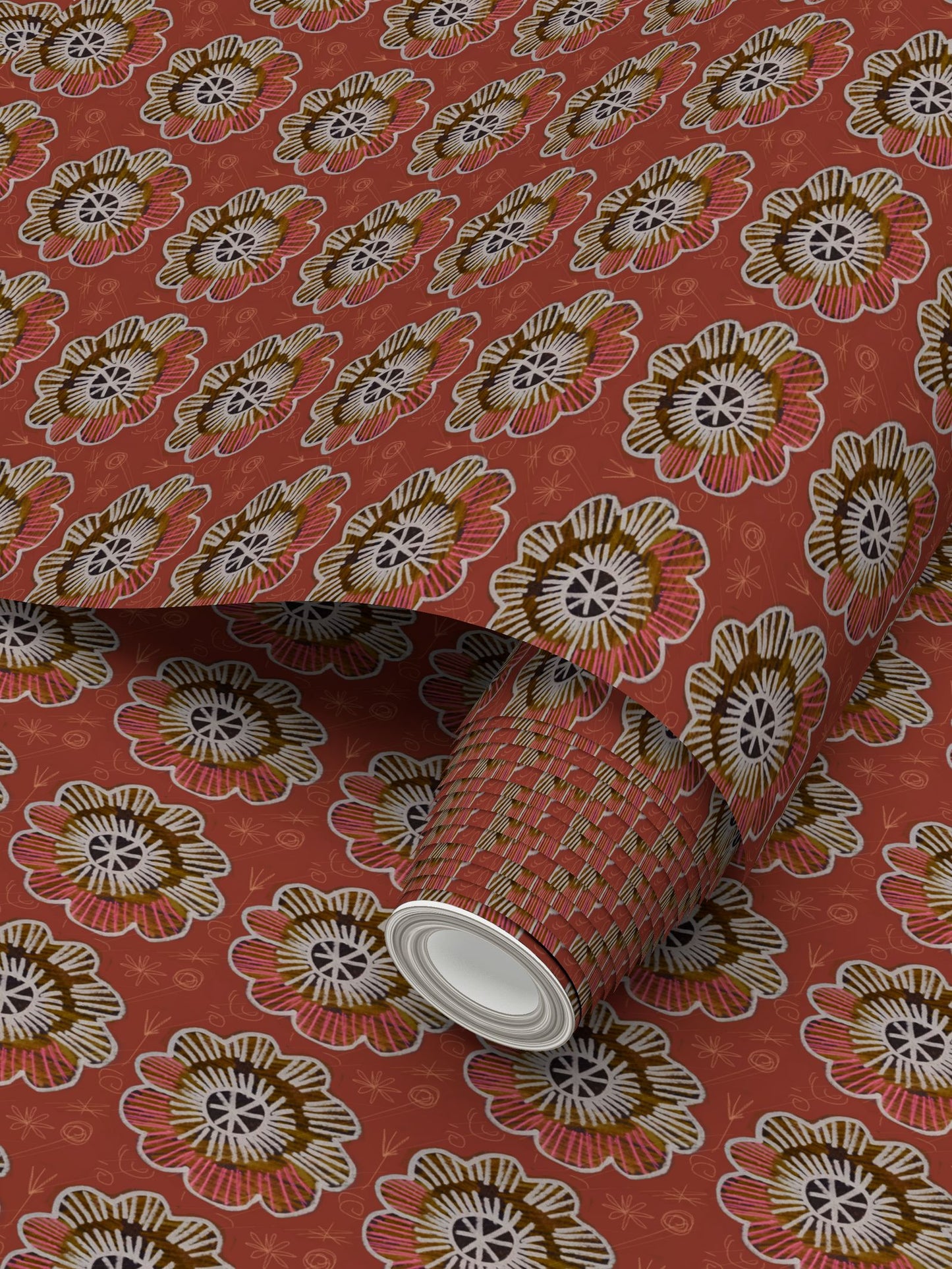 Chalk Flowers terracotta Repeat Pattern Wallpaper