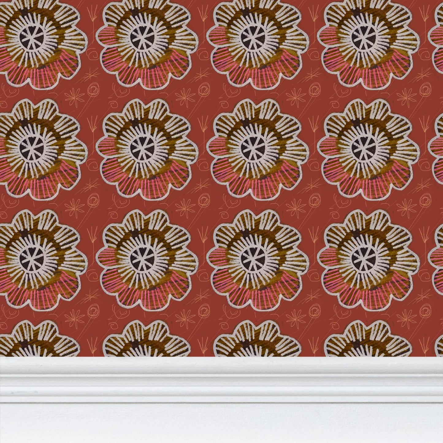 Chalk Flowers terracotta Repeat Pattern Wallpaper