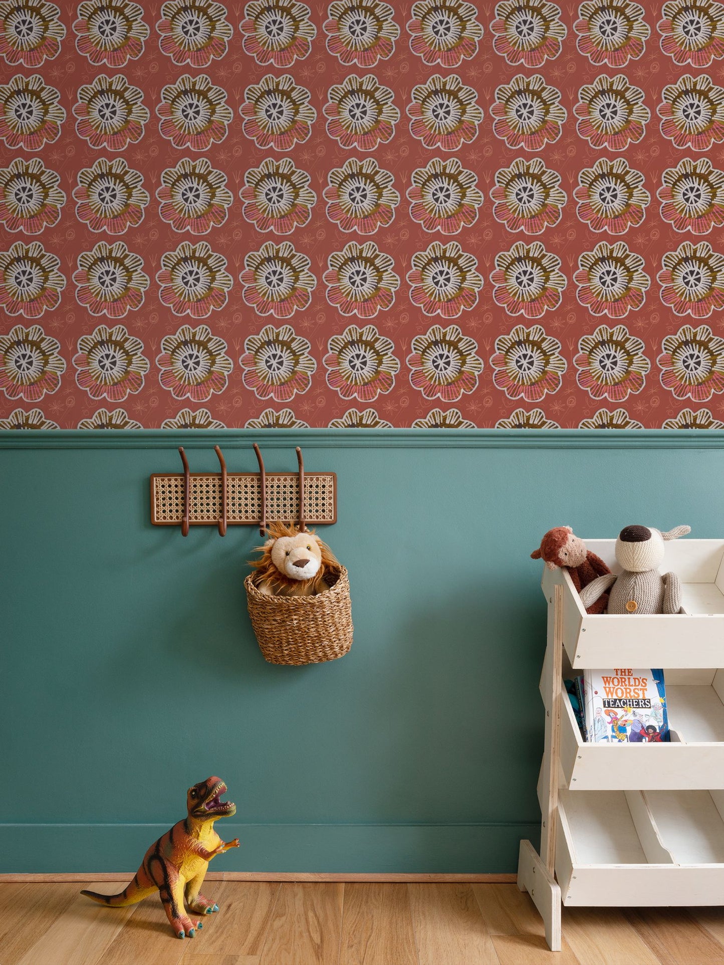 Chalk Flowers terracotta Repeat Pattern Wallpaper