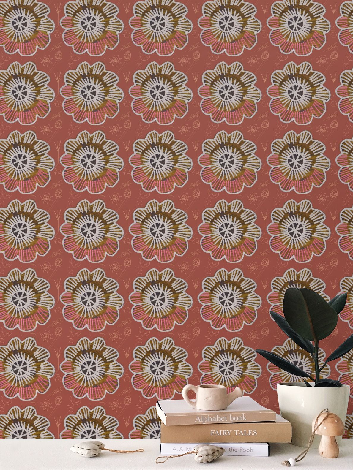 Chalk Flowers terracotta Repeat Pattern Wallpaper