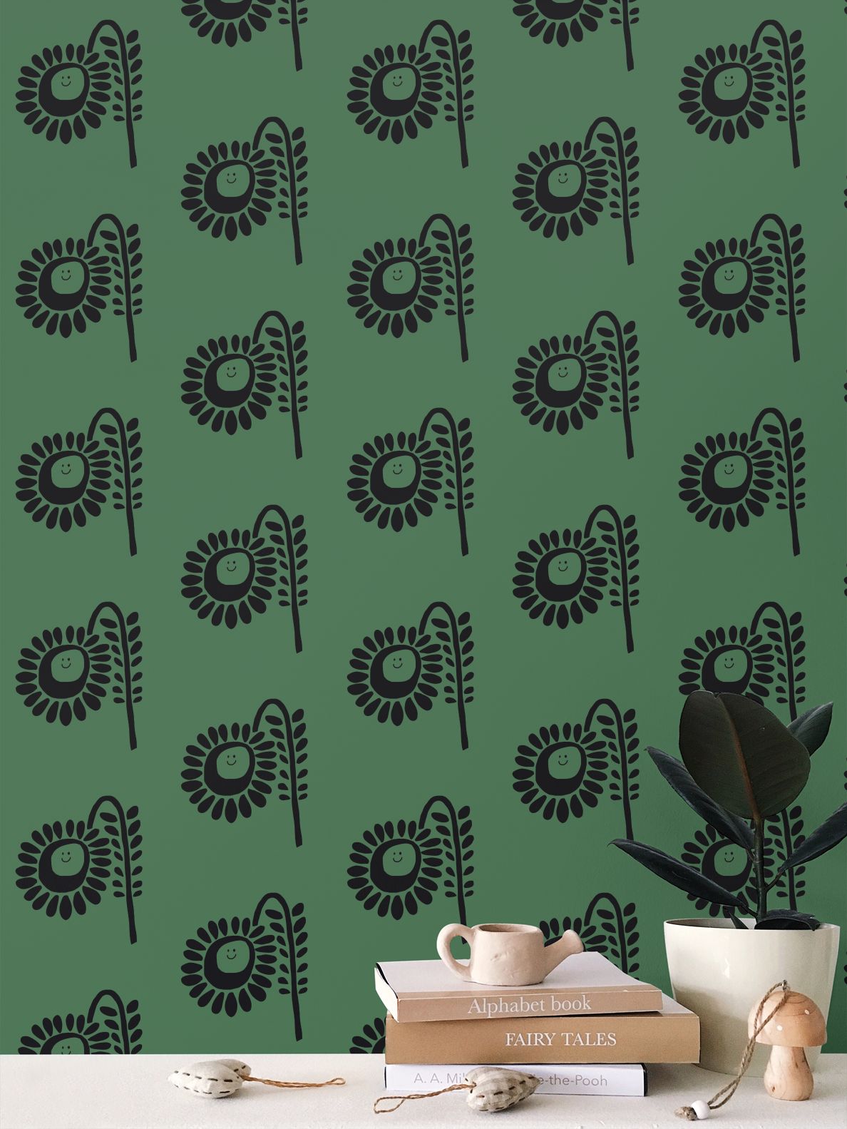 Grass Green Flower Repeat Pattern Wallpaper