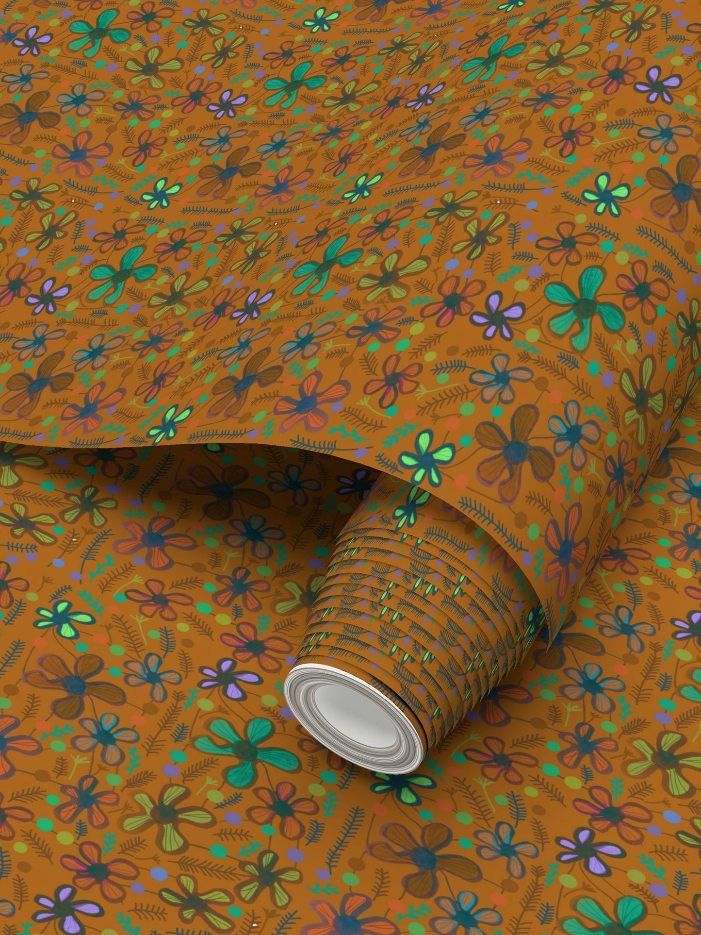 Mustard wild flowers Repeat Pattern Wallpaper