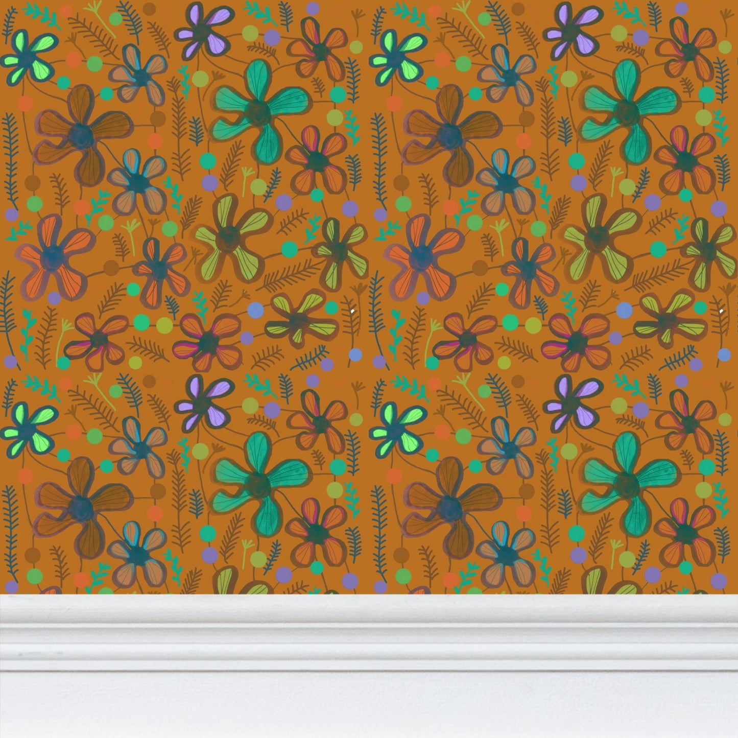 Mustard wild flowers Repeat Pattern Wallpaper