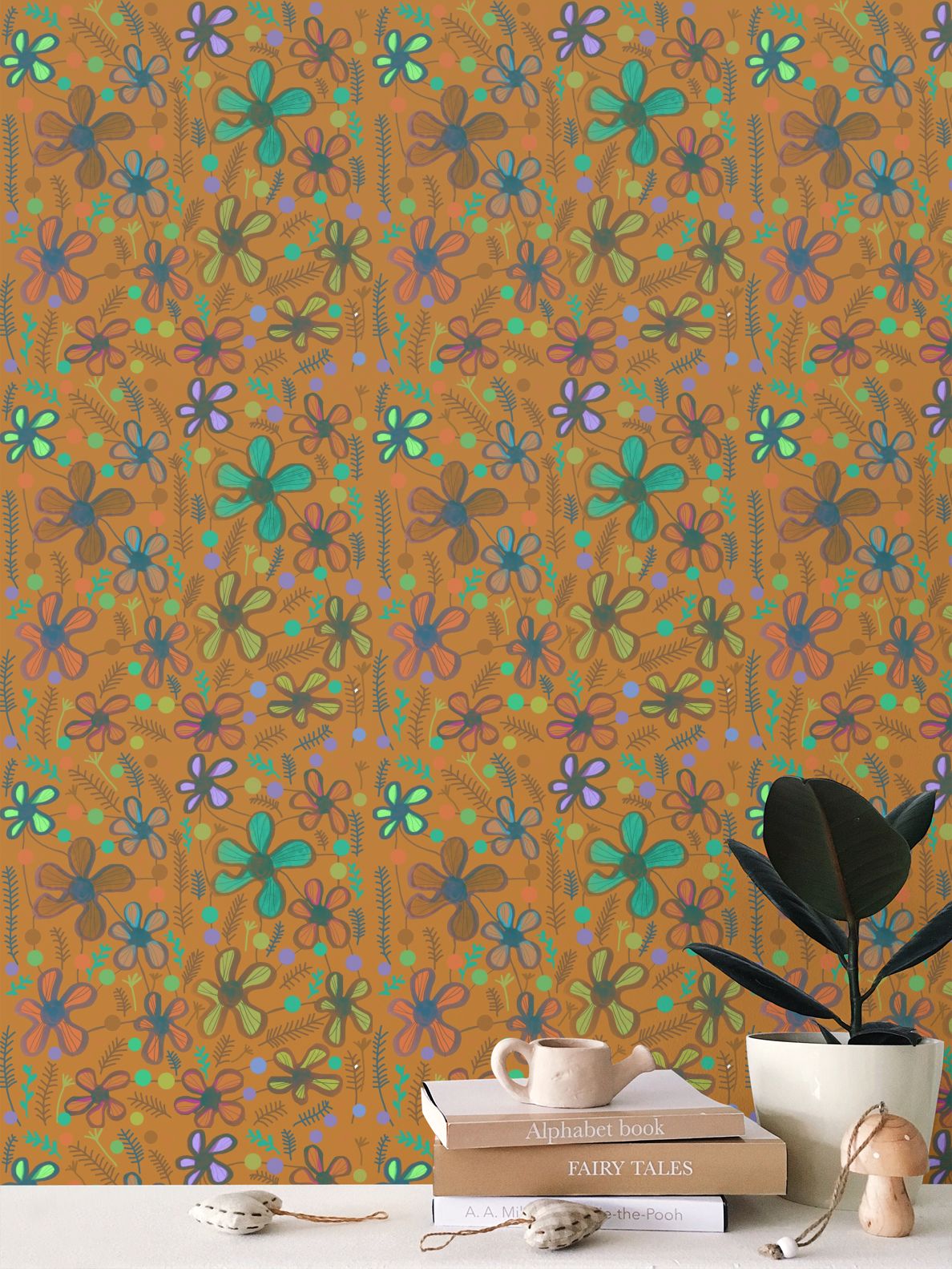 Mustard wild flowers Repeat Pattern Wallpaper