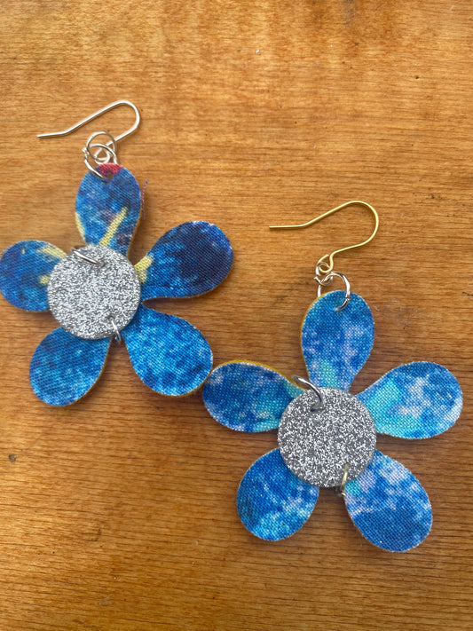 Blue Flower earrings with glitter centre
