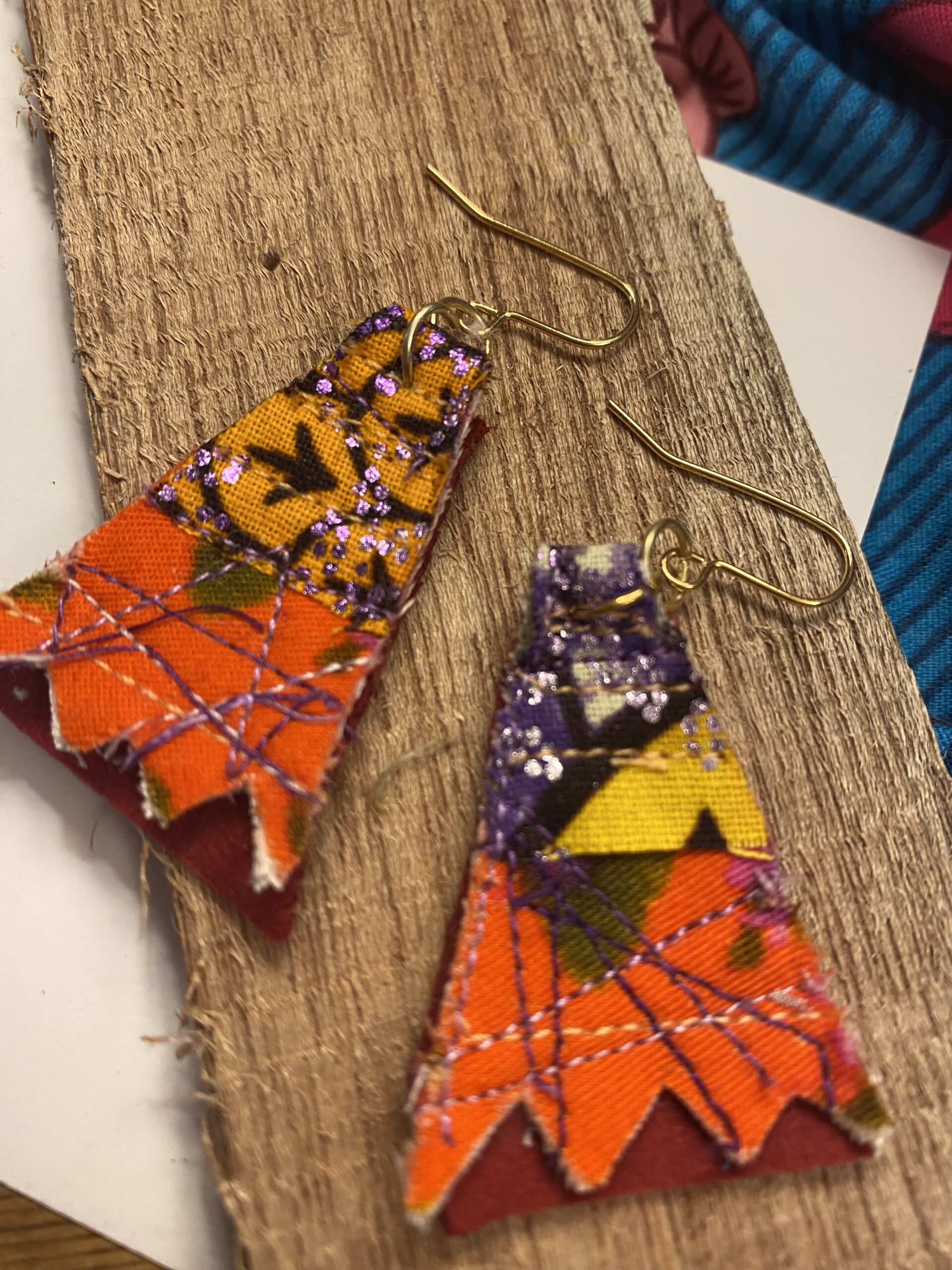 Triangular African wax print earrings with gold plated hooks - Image 2