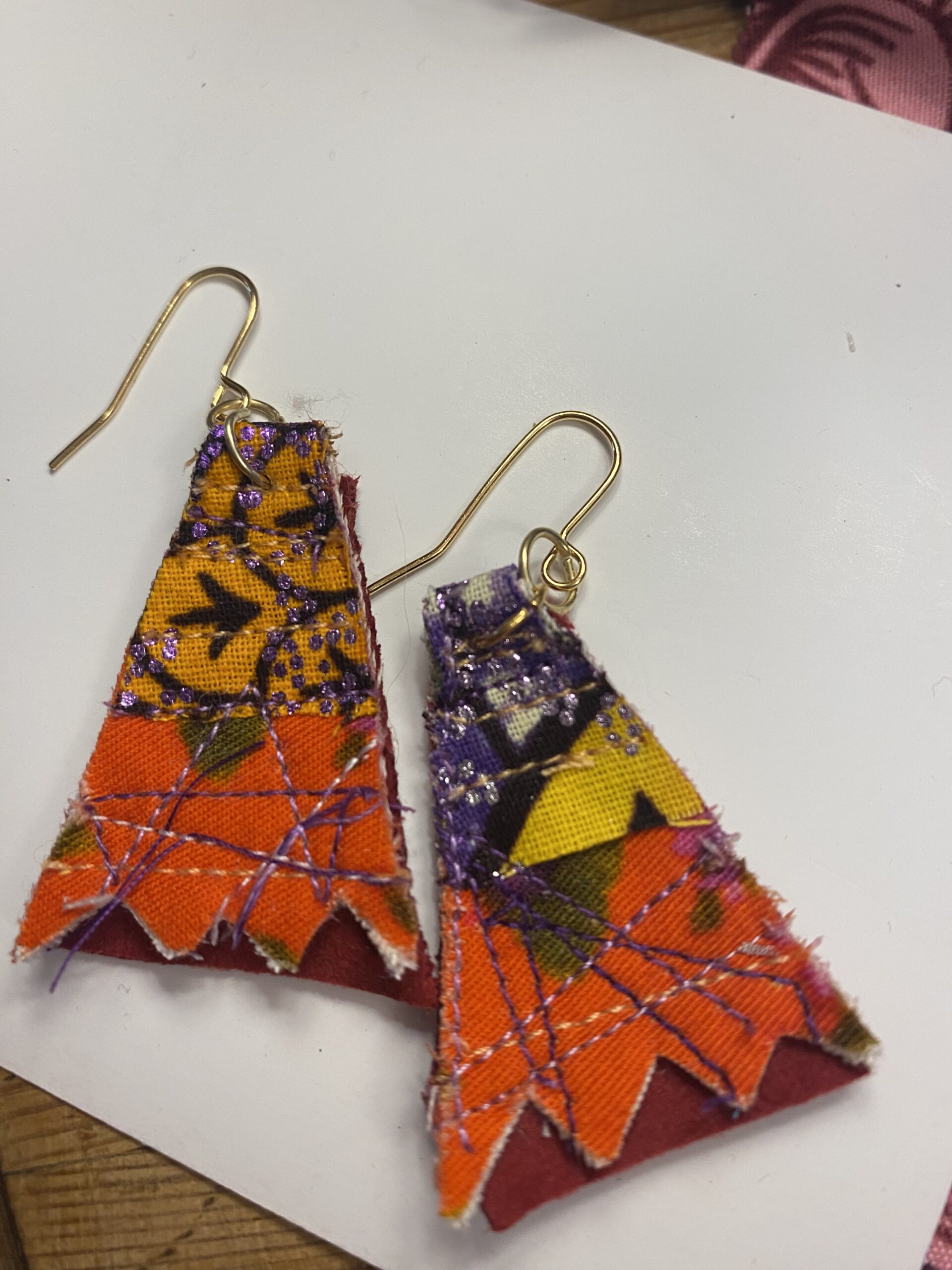 Triangular African wax print earrings with gold plated hooks - Image 3